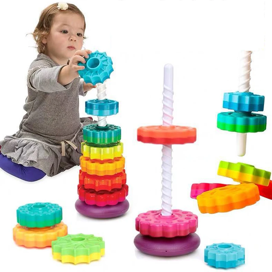 

Baby Stackable towers Rainbow spin Tower Toy big size Color Shape Montessori Educational games Stacking ring for babies girl boy