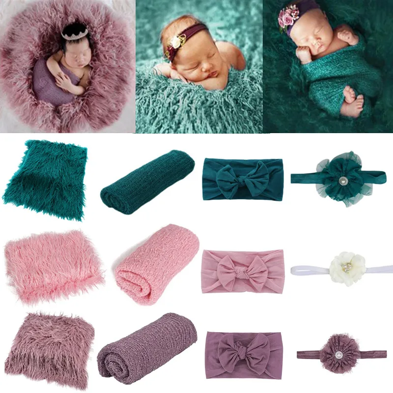 

4 Pcs Newborn Photography Props Accessories Baby Muslin Blanket Long Ripple Swaddle Wrap Background Mat with Flower Headband Set