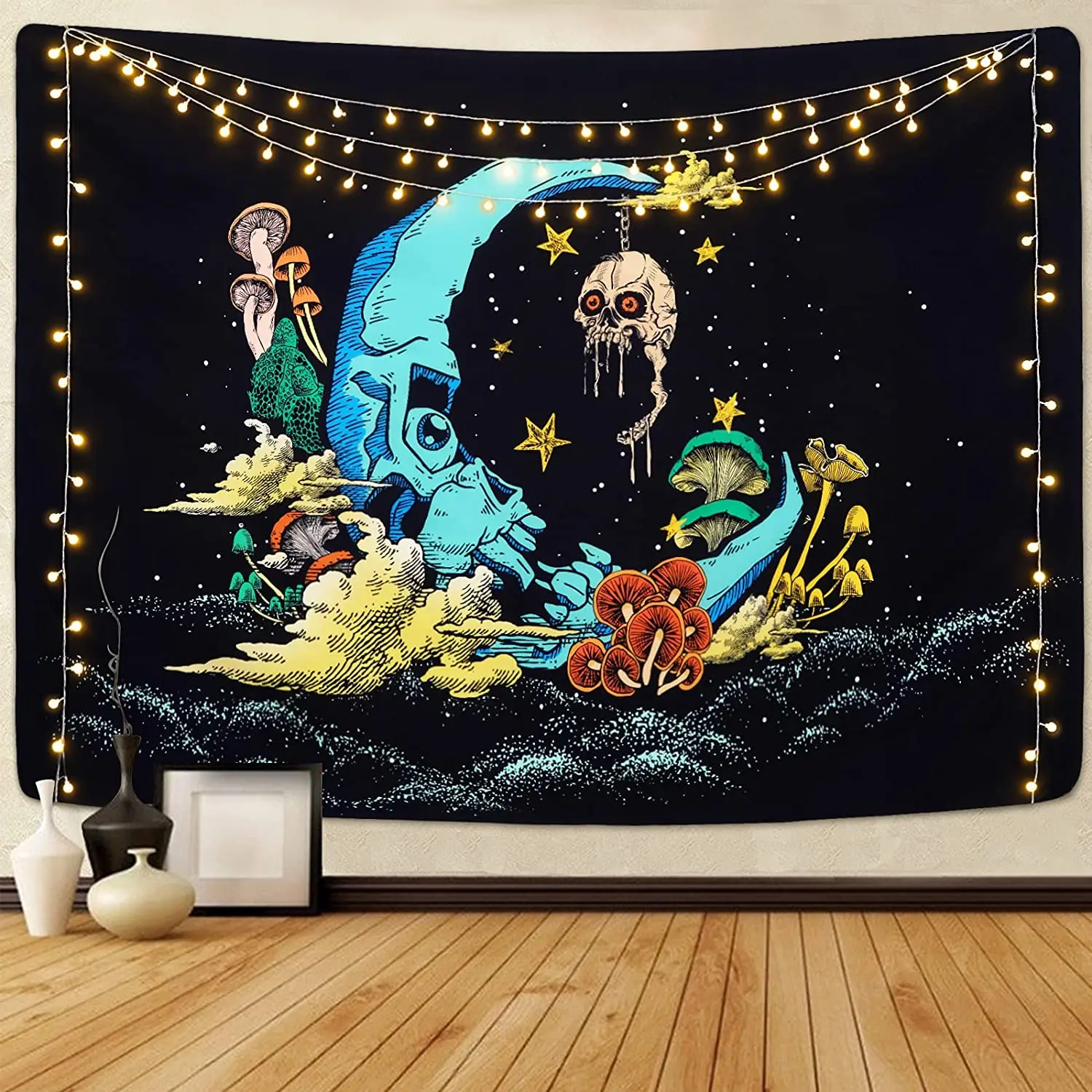 

Skull Moon Tapestry Mushroom Tapestries Trippy Skeleton Tapestry Stars and Clouds Tapestry Black Starry Night Tapestry Hanging