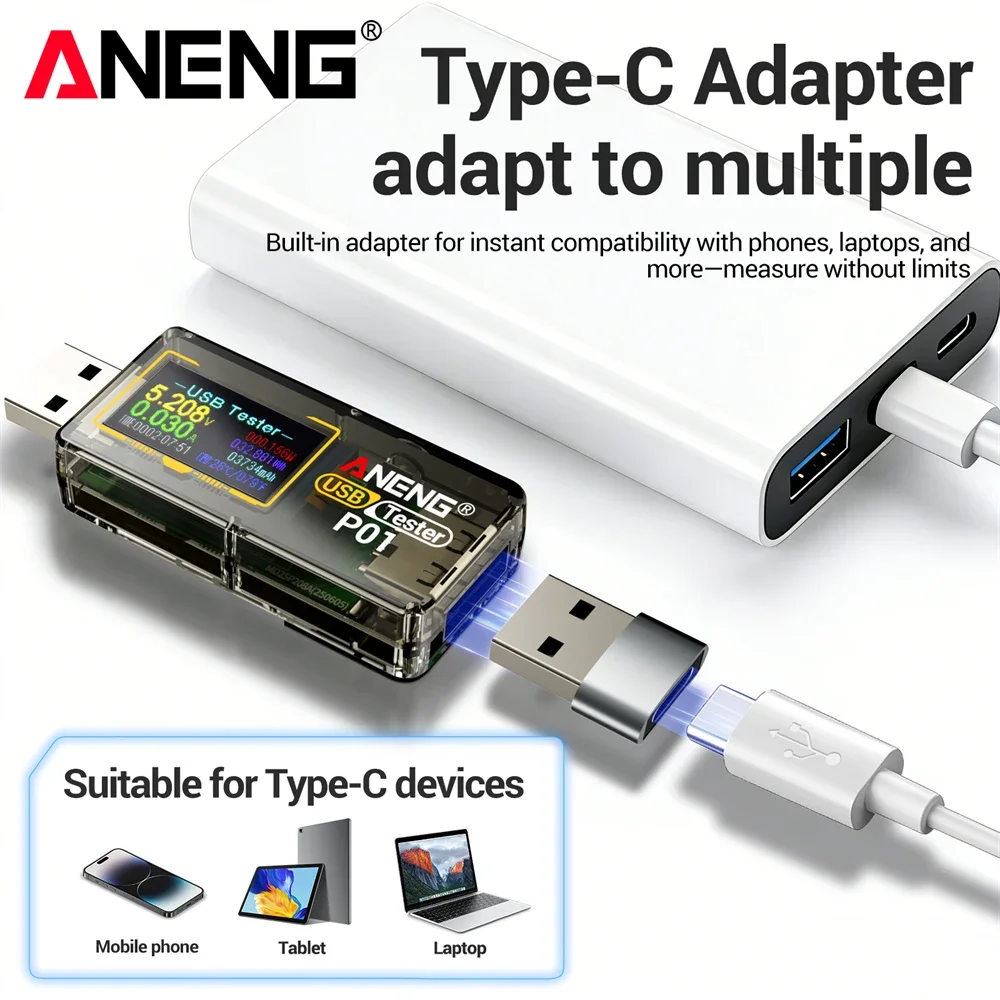 Фото Цифровой USB-тестер ANENG P01: Многофункциональный измеритель напряжения, тока и мощности постоянного тока (DC 4-30В), вольтметр, амперметр, измеритель емкости зарядного устройства №3