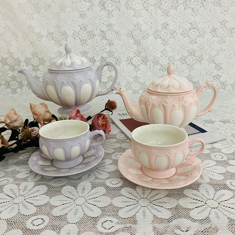 

European Ceramic Teacup Set Floral Relief Afternoon Tea Desktop Tea Cups and Saucer Sets Retro Home Living Room Teapot Cup Set