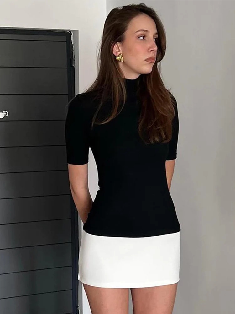 Летние Платья-мини с высоким воротником и коротким рукавом Модное Элегантное