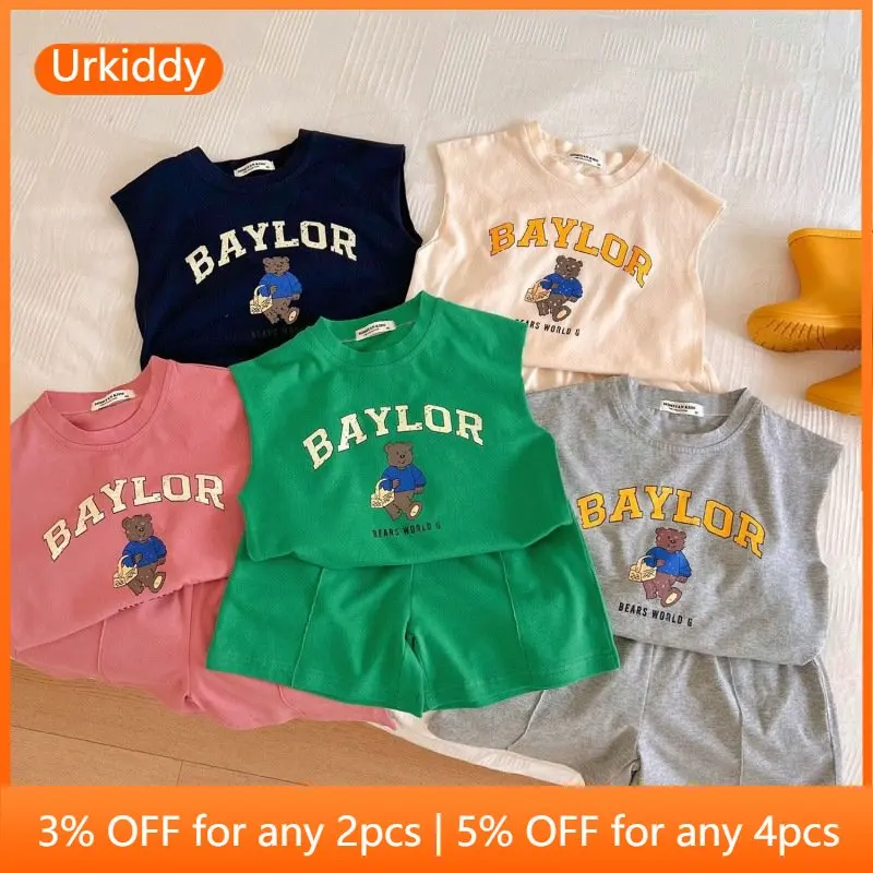 

2Pcs Summer Sleeveless Bear Print Set Two Piece Vest and Shorts Set Cartoon Cotton Casual Letter Unisex Kids Clothes 1-6Y