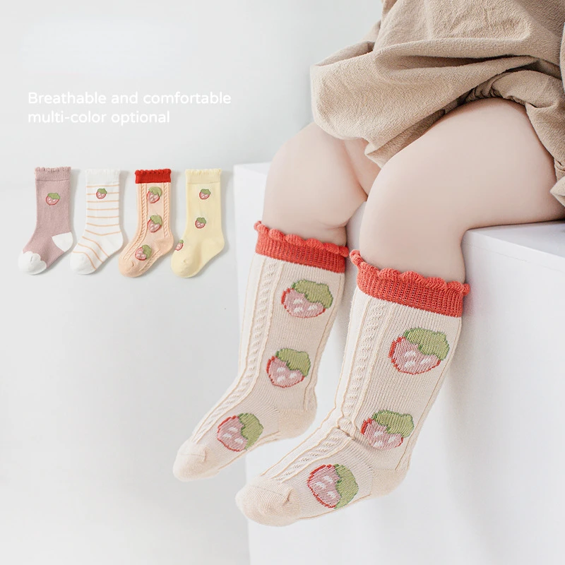 4 Pairs Baby Socks Children Girls Princess Cartoon Strawberry Lace Mid Tube Knee Sock Cotton Newborn Toddler Clothes Accessories
