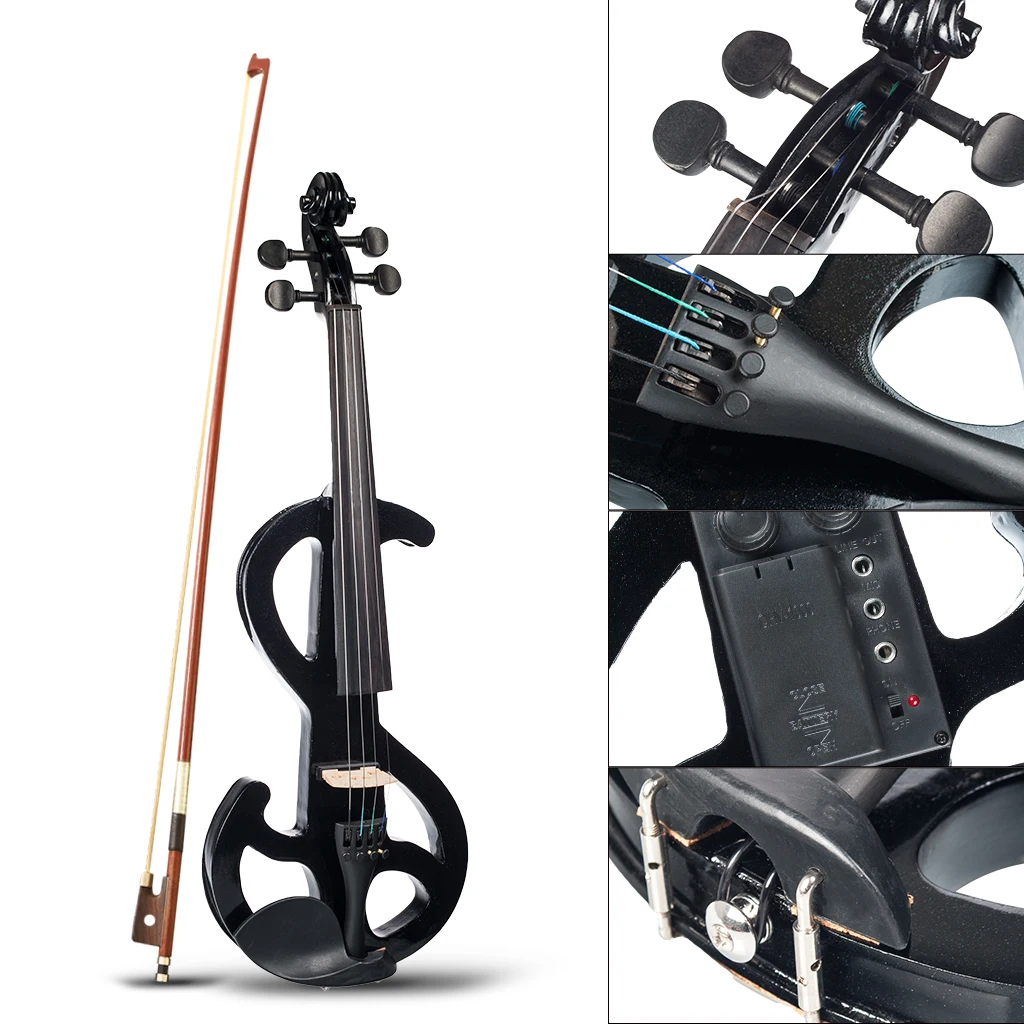 Mugig Electric Violin Black Full Size 4/4 Solid Wood Metallic Black Electronic Violin Silent Violin w/Case Bow Rosin Cable Tuner enlarge