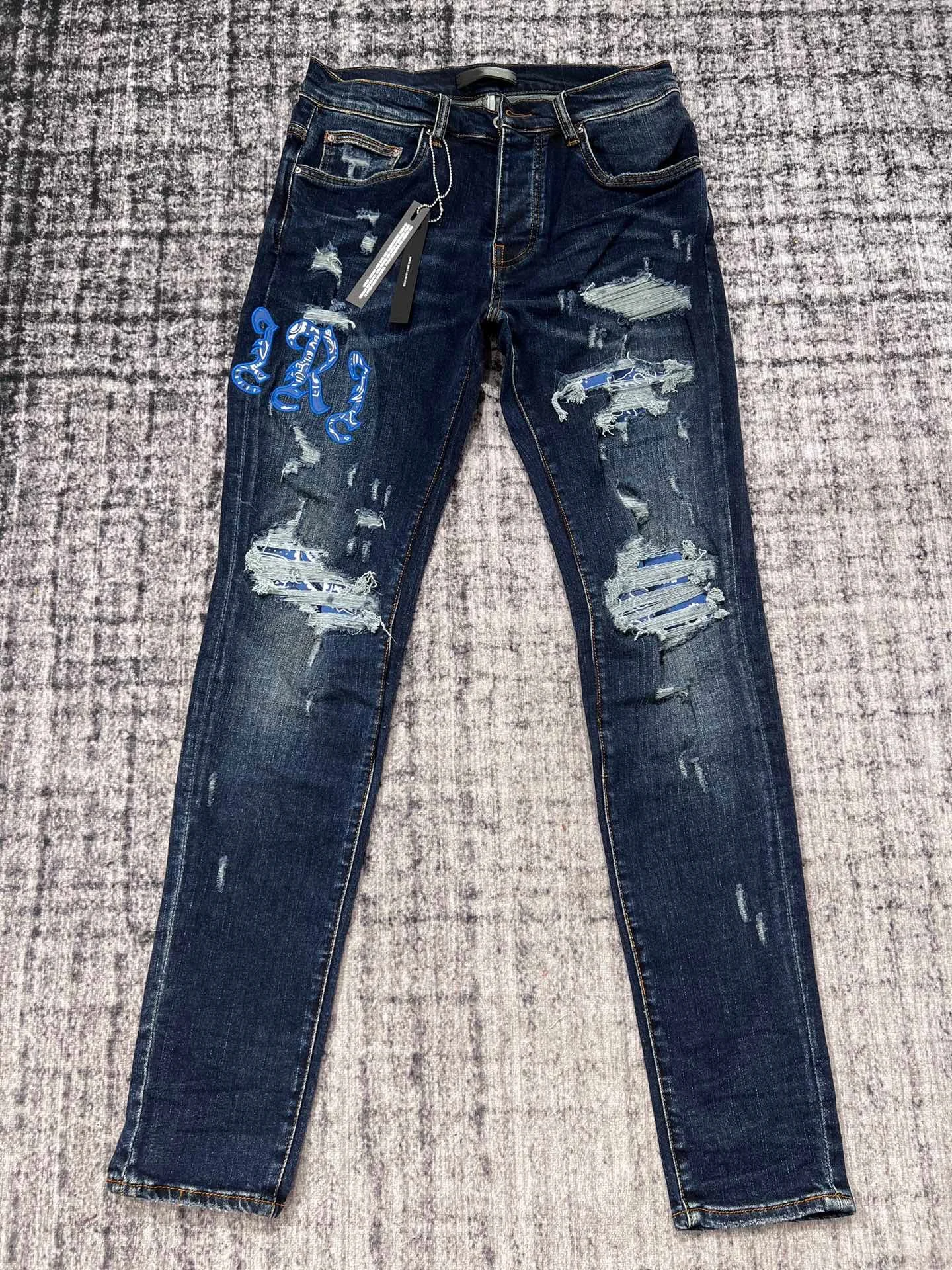 

High Street Cashew Patch Blue Jeans Ripped Patchwork Letter Embroidered Trendy Denim Casual Trousers Man Jeans