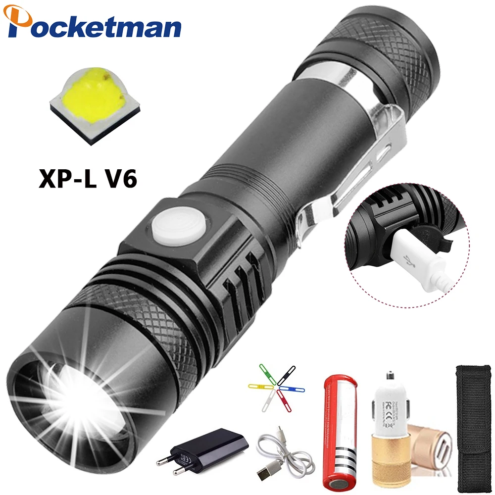 

Ультраяркий светодиодный фонарик со светодиодной лампой XP-L V6 светодиодный водонепроницаемый фонарик с зумом, 4 режима освещения, многофунк...