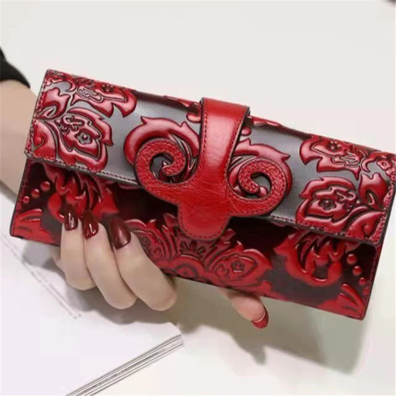 

Floral Genuine Leather Wallet Women Long Ladies leather Clutch Bag Large Female Purse Real Cow Leather Woman Purses