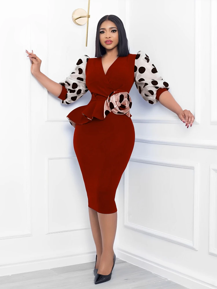 Women knitted stitching dot print bubble sleeve pencil dress plus size dresses  party dresses