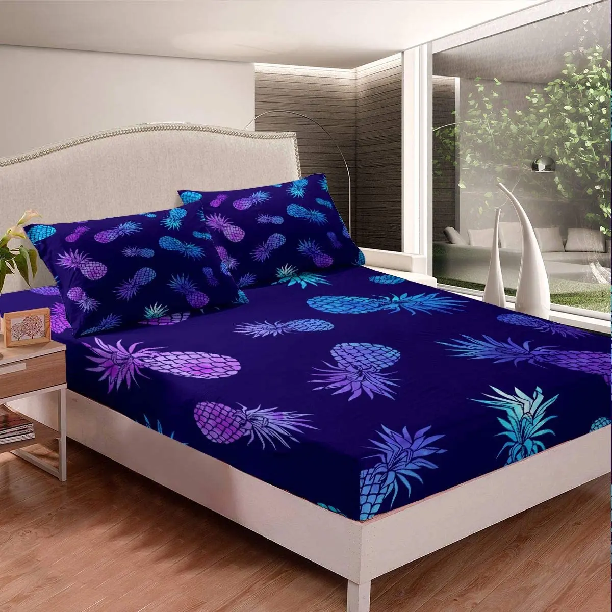 

Fruit Print Bedding Set Pineapple Bed Sheet Set Tropical Purple Blue Pineapple Pattern Fitted Sheet for Children Kids Boys Girls