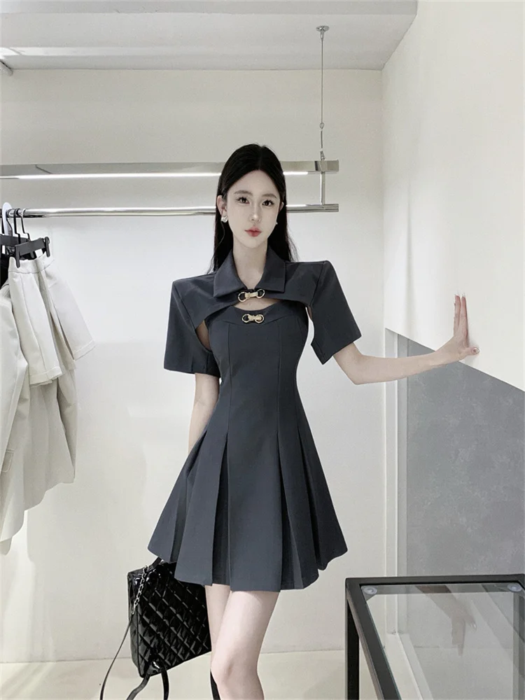 

Summer Blazer Pleated Dress Two Piece Sets Elegant Crop Top and Slip Dress Sets Chic High Street Sweet Girls Matching Suits