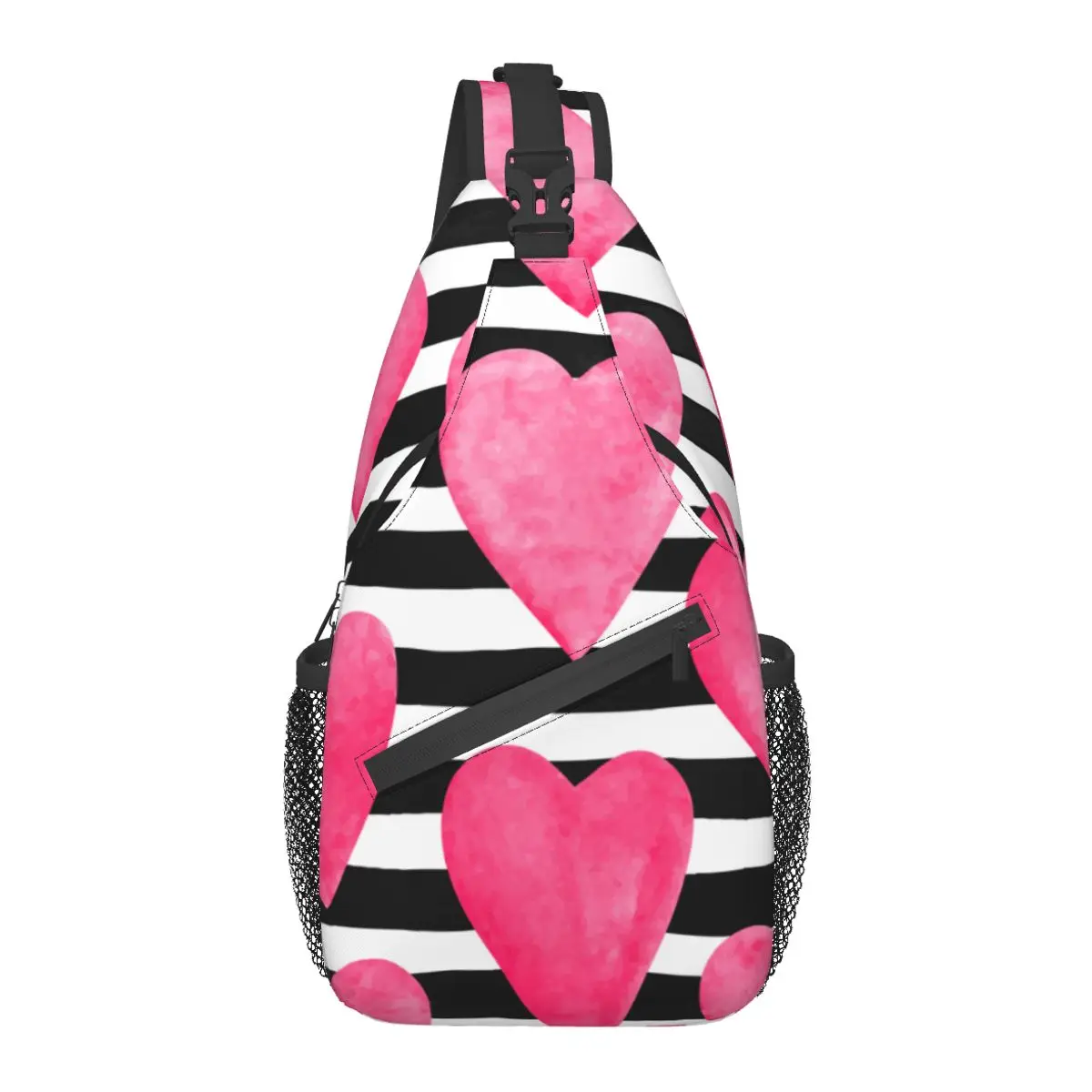 

Men's Sling Pack Chest Shoulder Crossbody Bag Women Watercolor Hearts On Stripes Biker Satchel Handbag Phone Bag