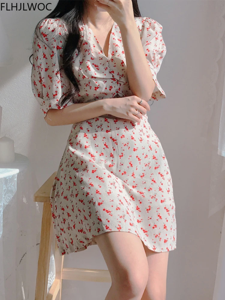 

2022 Summer Cute Mini Dresses Hot Women Korean Japanese Flhjlwoc Design Preppy Style Bow Tie Floral Vintaege Retro Draped Dress