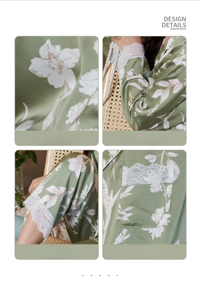 Women's 3 Piece Pajamas Sets Soft Cute Floral Pijama Faux Silk Satin Pyjama Female Sleepwear Long Sleeve Shirt Trouser Homewear