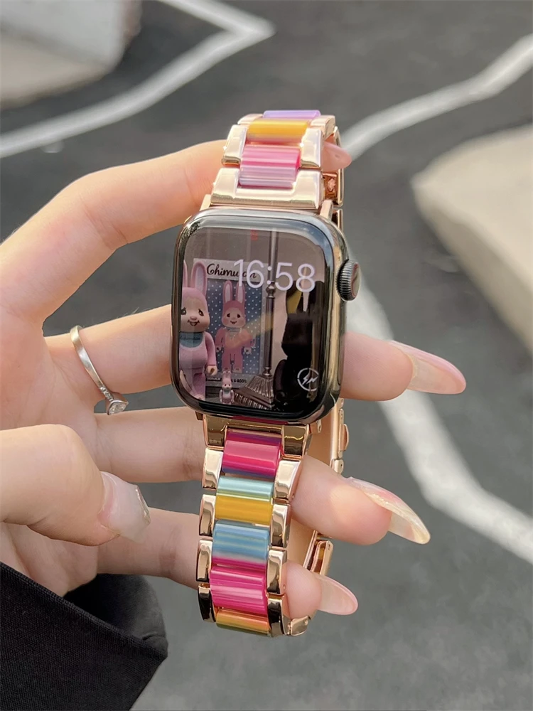 Korea Cool Resin + Metal Strap For Apple Watch Band 41mm 45 44 40 42 38 mm Woman Girl Band For Iwatch Series 7 6 Se 5 4 3 2 Gift