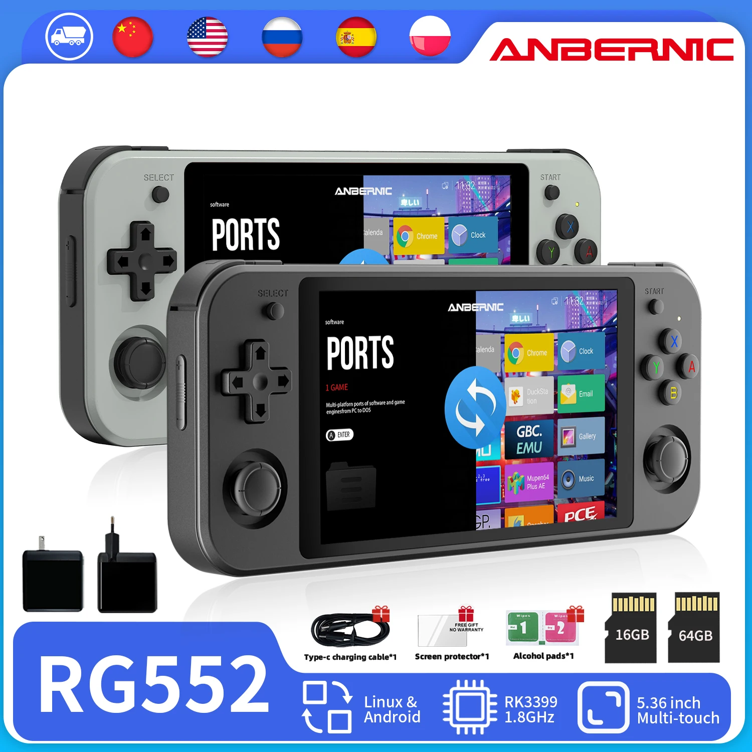 

ANBERNIC RG552 Dual System Handheld Console 4200 Retro Games 5.36" IPS Touch Screen PD Charge Android Linux Portable Game Player