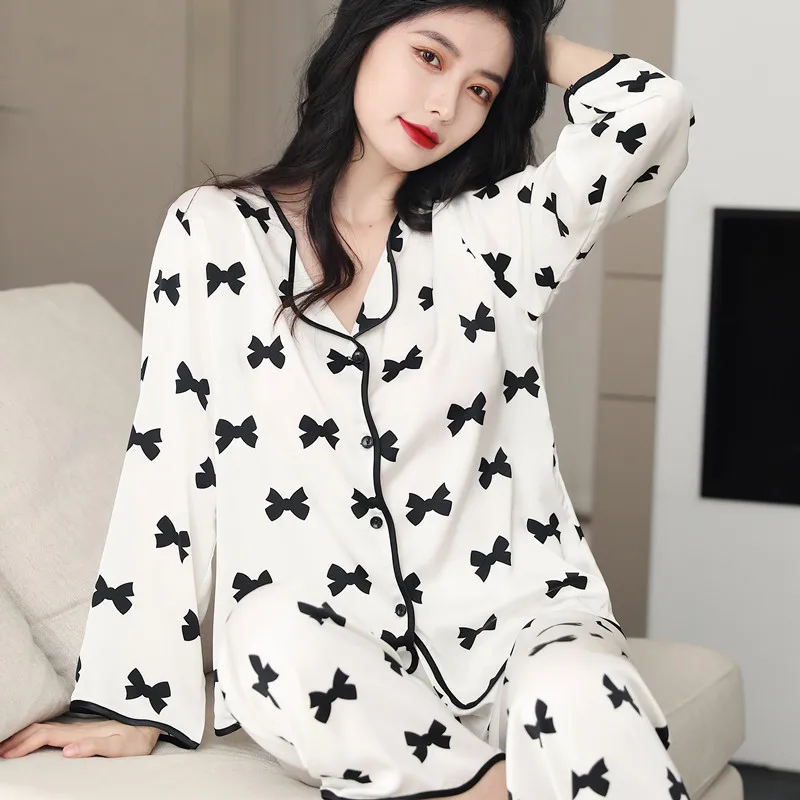 Spring Summer Silk Pajamas Women's Long-Sleeve Suit Printed Korean Style Loose Oversized Cardigan Ice Silk Thin Homewear