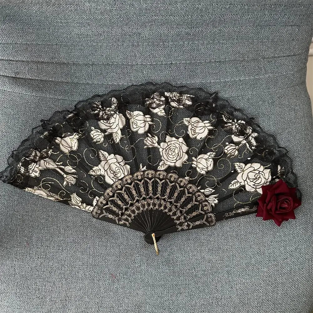 Кружевной складной веер Лолиты с розой великолепный ретро-Европейский темная
