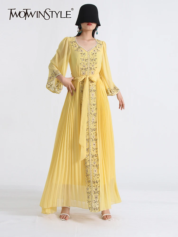 

TWOTWINSTYLE Hit Color Maxi Dress For Women V Neck Patchwork Embroidery High Waist A Line Summer Elegant Pleated Dresses Female