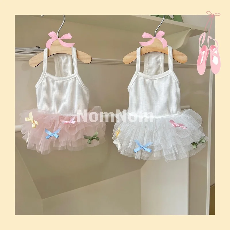 

Dog Pet Clothing White Suspender Dress for Dogs Clothes Cat Small Colorful Bowknot Gauze Skirt Summer Girl Yorkshire Accessories