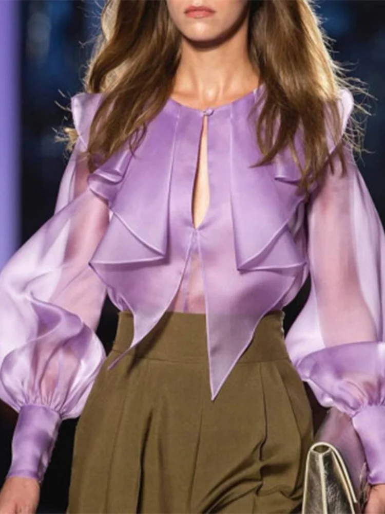 

Elegant Women Shirt Blouse Sexy Perspective Puff Sleeve Ruffle Purple Tops Female Casual Clothes 2022 Summer Fashion Y2K Top