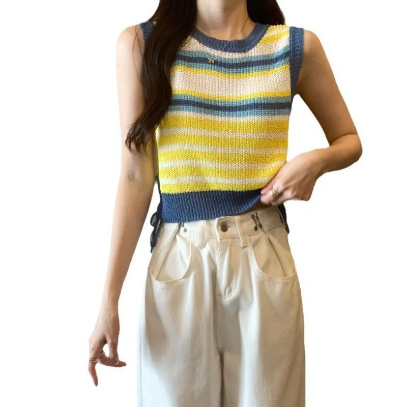 Летняя новинка женская трикотажная футболка без рукавов в радужную полоску