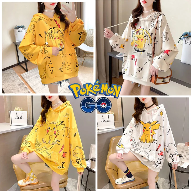 

Свитер Покемон Пикачу женский тонкий/бархатный с капюшоном средней длины Корейская версия свободный Универсальный осенне-зимний новый тре...