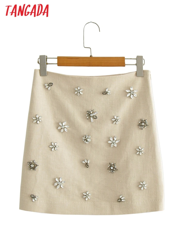 

Tangada 2022 Women Rhinestone Linen Skirts Faldas Mujer Zipper Female Mini Skirt 6B14