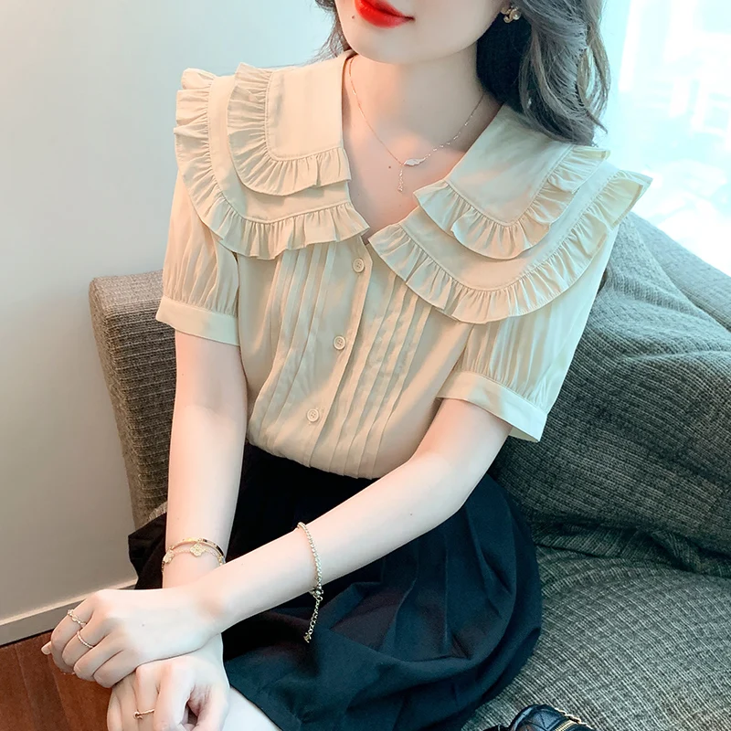 

COIGARSAM Shirt Womens Tops Summer 2022 New Short Sleeve Peter Pan Collar Women Shirts Dropshipping