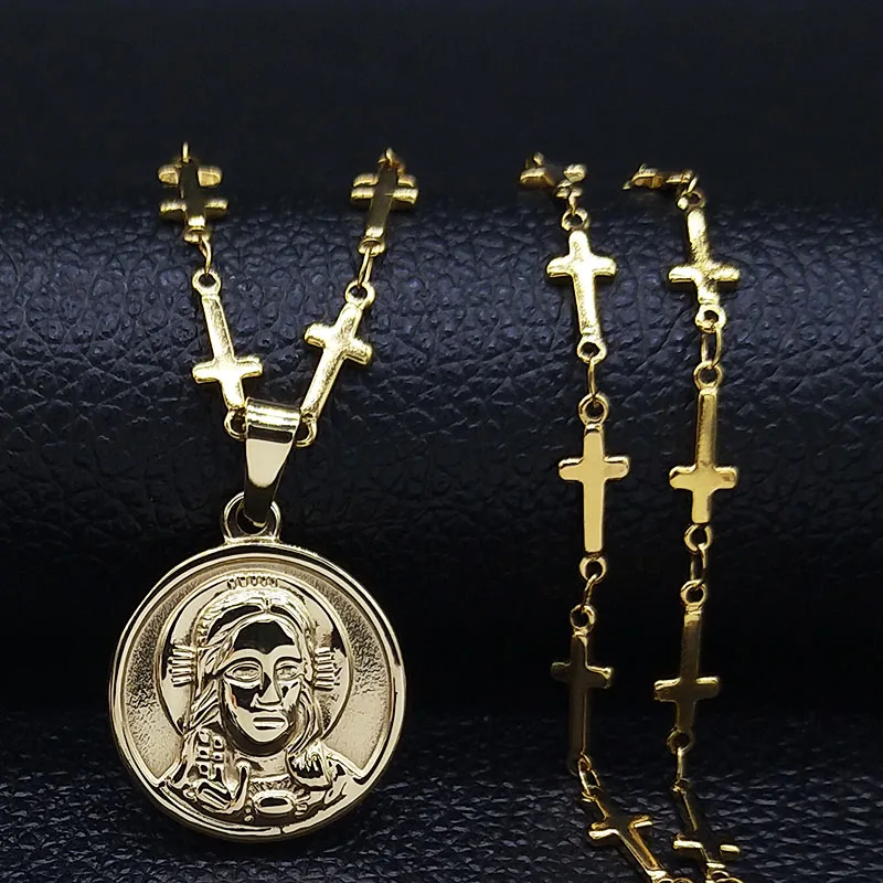 

2023 Fashion Cross Jesus Stainless Steel Statement Necklace for Women Gold Color Necklaces Pendants Jewerly cadenas mujer N19569