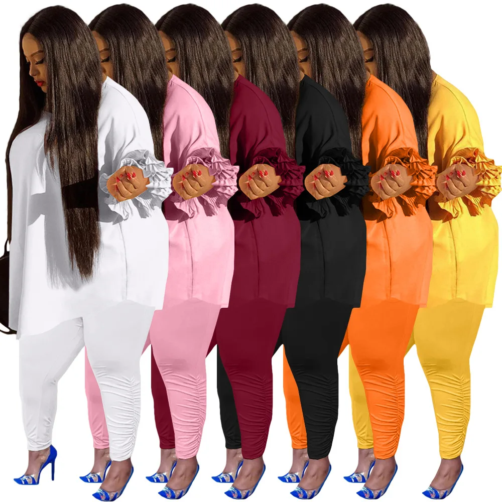 Plus Size Loose Casual Two Pieces Set Ruffles Long Sleeve Top Pencil Pants Women Office Lady Suit Streetwear Fashion Clothings