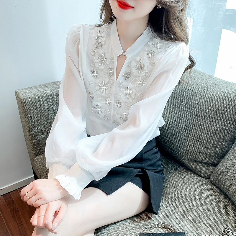 

Spring 2023 Long Sleeve White Office lady Shirt V-Neck Hand make Diamond Tops Korean Women Blouse