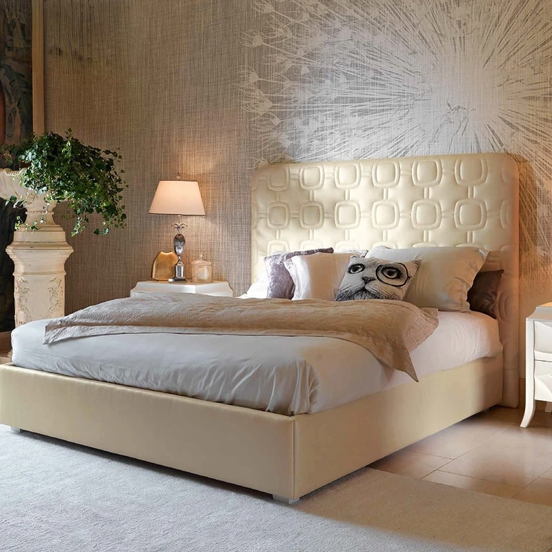 

Двуспальная кровать, современная простая итальянская стандартная Роскошная Минималистичная Свадебная кровать, кожаная кровать с высоким ящиком для хранения