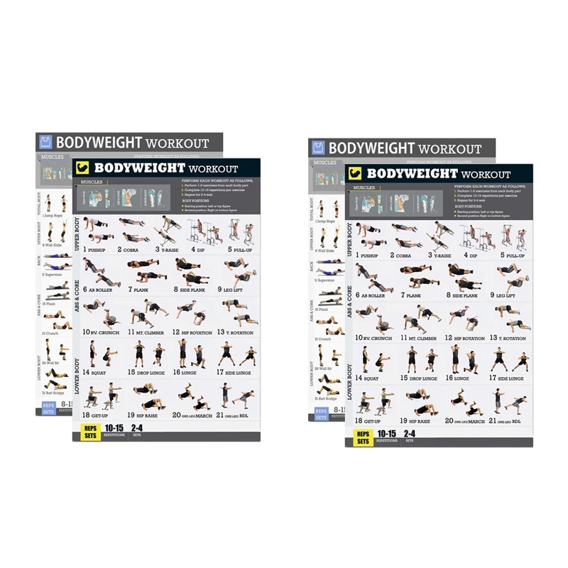 

Bodyweight Exercise Poster Set Laminated 4 Chart Set Men And Women Body Weight Workouts For Home GYM Fitness