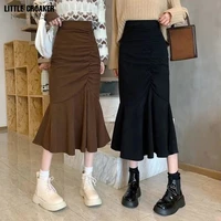 fashion fashion high waist midi skirts for women plus slim fit hip mermaid skirt woman korean ruffles brown skirts clothes