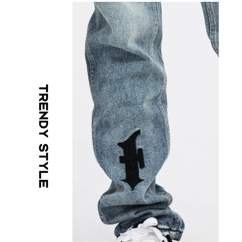 Streetwear Men 2022 Autumn and Winter New Applique Pattern Self-cultivation Blue Pencil Pants Vintage Recreational Jeans Female