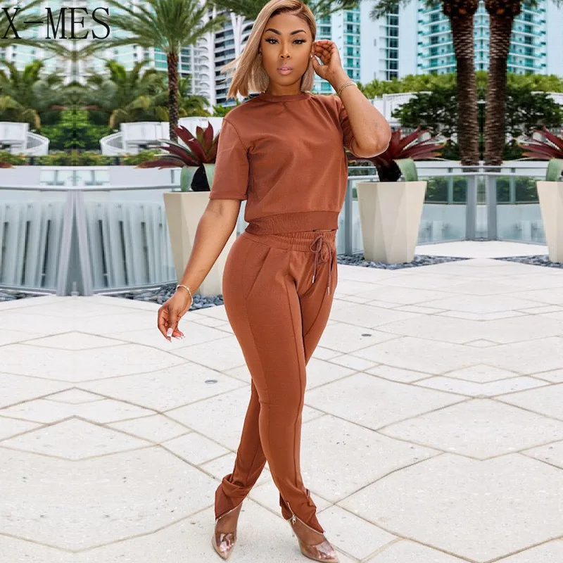 Women Solid Sportswear 2 Pieces Set Casual Fashion Round Neck Short Sleeve Drawstring Trousers Autumn New Sports Outfits Commute