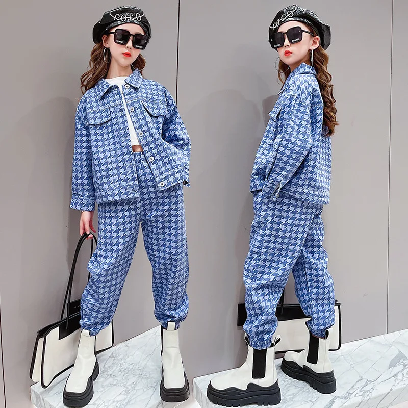 

Комплекты одежды для девочек, весенние детские костюмы в клетку, Модная Джинсовая куртка, брюки, комплект из двух предметов, зимняя детская одежда для детей 12, 13, 14 лет