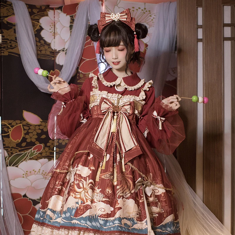 

Chinese Style Elegant Retro Summer Lolita Sweet Cute Girl Ruffles Puff Sleeves Doll Collar Dresses OP Princess Dress Women's