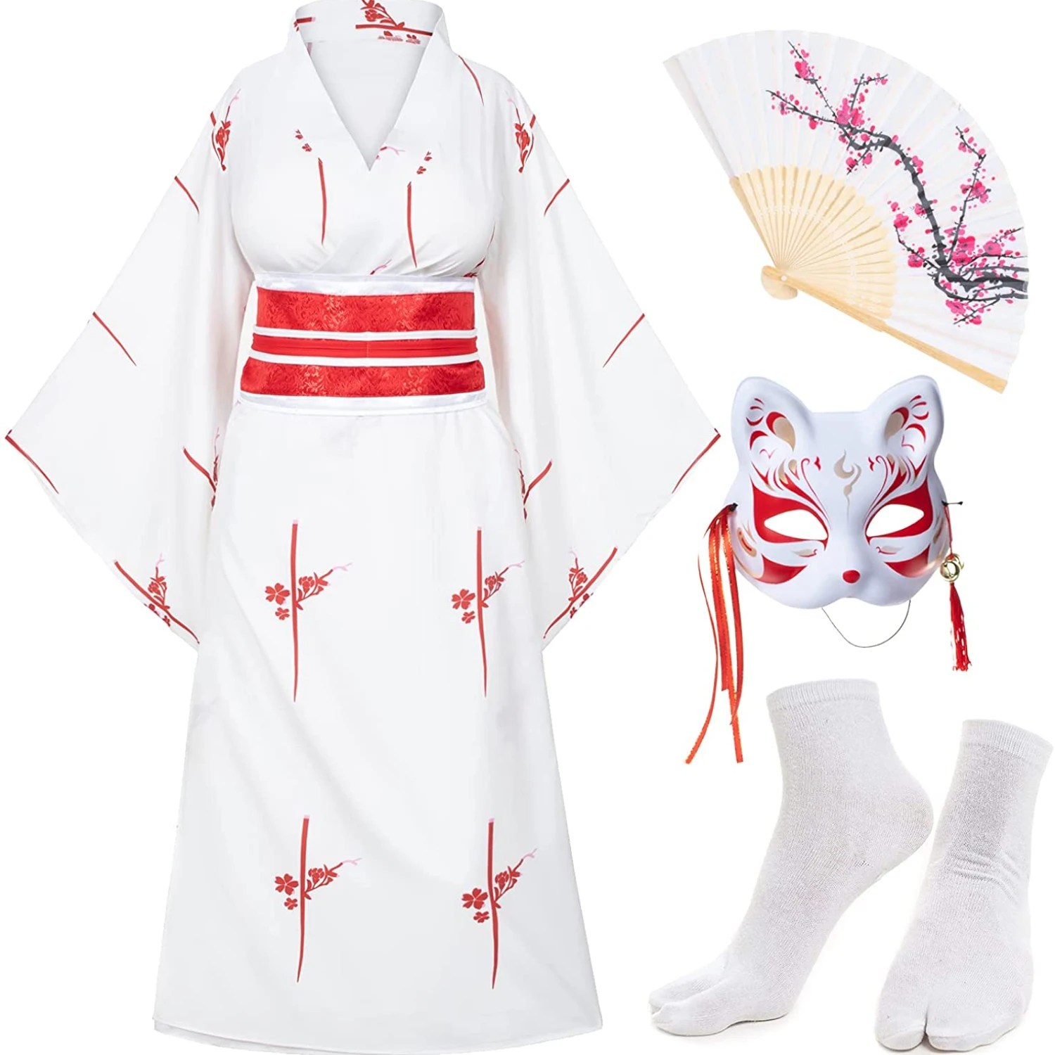 

Japanese Anime Women's Kimono Robe Geisha Yukata Sweet Dress Blossom Satin Bathrobe Sleepwear Fans Tabi Socks Set