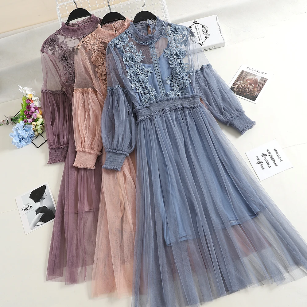 Купи Women Tulle Dress Sweet Spring Autumn Long Sleeve Vintage Floral Embroidery Midi Dresses Vestido Mujer Ladies Elegant Mesh Dress за 850 рублей в магазине AliExpress