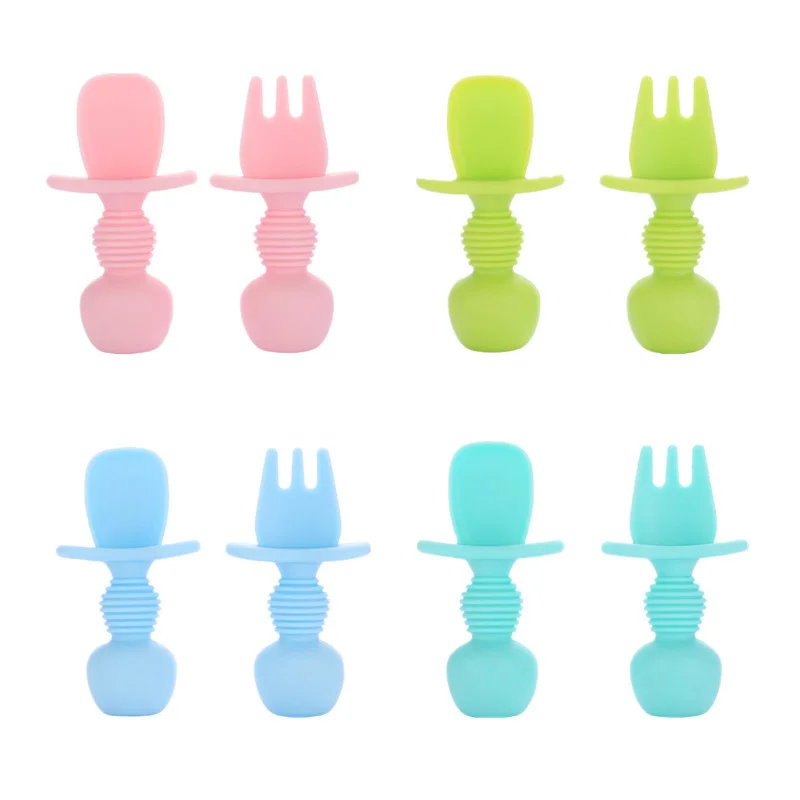 

2 шт./компл. детская ложка с короткой ручкой, вилка, столовые приборы, мягкая безопасная силиконовая ложка для кормления ребенка, вилка, кормушка