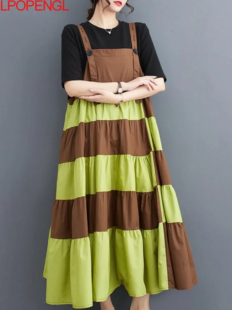 

Женское платье с квадратным вырезом, повседневное свободное ТРАПЕЦИЕВИДНОЕ ПЛАТЬЕ составного кроя на бретелях-спагетти без рукавов в Корейском стиле на лето