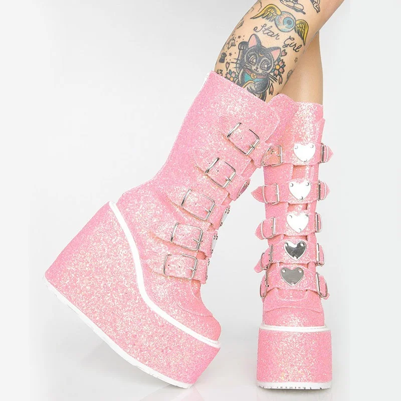 

Brand Design Female Motorcycle Boots Sequined Cloth Platform Wedges Zip Heart Buckle 2022 Winter Sweet Cool Woman Mid-Calf Boots