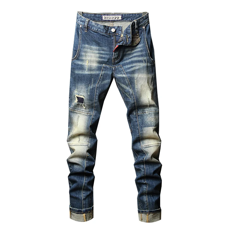 Streetwear Fashion Men Jeans Retro Blue Elastic Slim Fit Spliced Designer Vintage Ripped Jeans Men Hip Hop Biker Pants Hombre