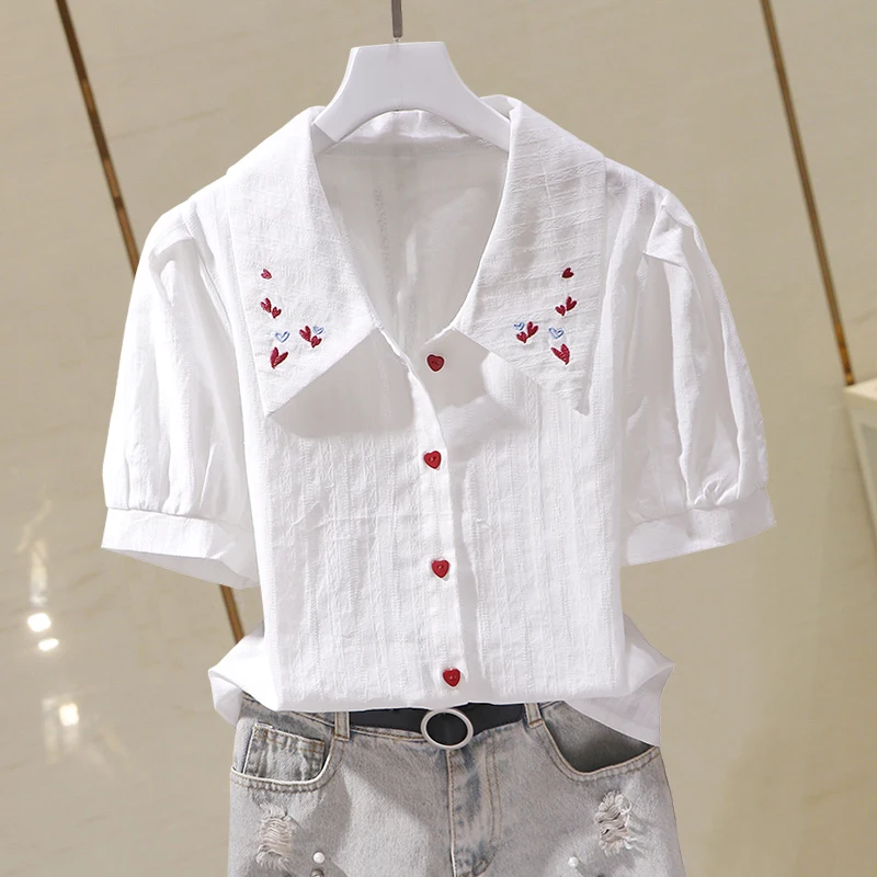 Embroidery Cotton Women Shirts Summer Vintage 2022 Turn-Down Collar Short-Sleeved Casual All Match Female Outwear Tops enlarge
