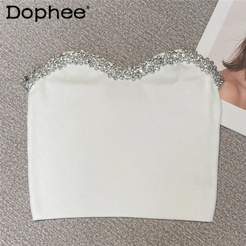 

Sexy Skinny Tank for Woman 2023 Spring and Summer New Rhinestone Edge Knit Tube Top White Black Slim Fit