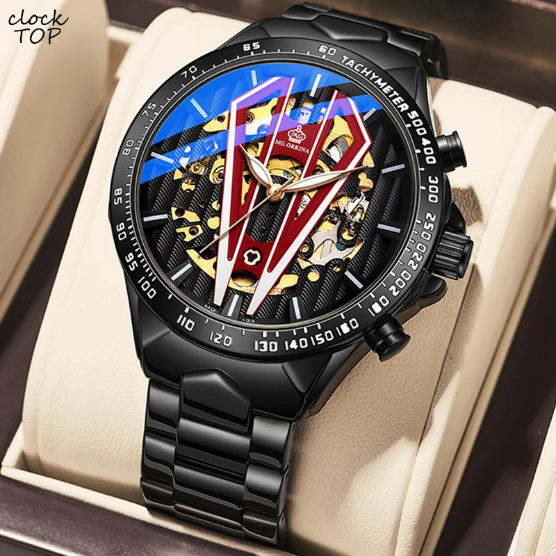 

Luxury Skeleton Automatic Mechanical Watch for Men Wristwatch Male Black Red Clock Dial Steampunk Reloj Hombre Relogio Masculino