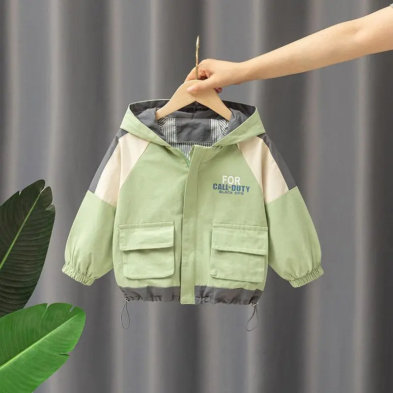 

Boys' Spring and Autumn Coats 2023 New Baby Color Splicing Hooded Zipper Jackets Children's Clothing Windbreaker Fashion Top