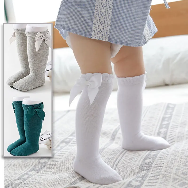 

Girls Bowknot Stockings Baby Solid White Cotton Knee High Warm Tights for Infant Newborns Pantyhose Clothes sock